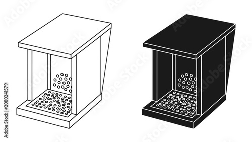 Quadro su tela Minimalist Wooden Bird Feeder Line Art: Simple and elegant line vector illustration of a modern bird feeder design, presented in both black silhouette and outlined white version