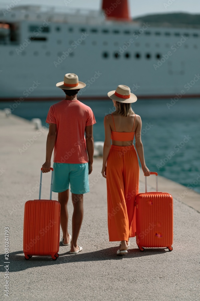 Fototapeta premium Couple with orange suitcases walking toward a cruise ship on a pier for travel and vacation background banner
