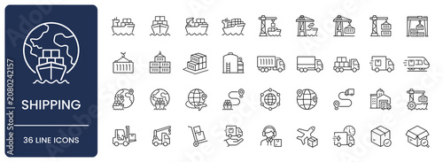 Shipping icon set. Collection of global logistics, maritime cargo transportation, freight delivery and container terminal line icon vector illustration with editable stroke.
