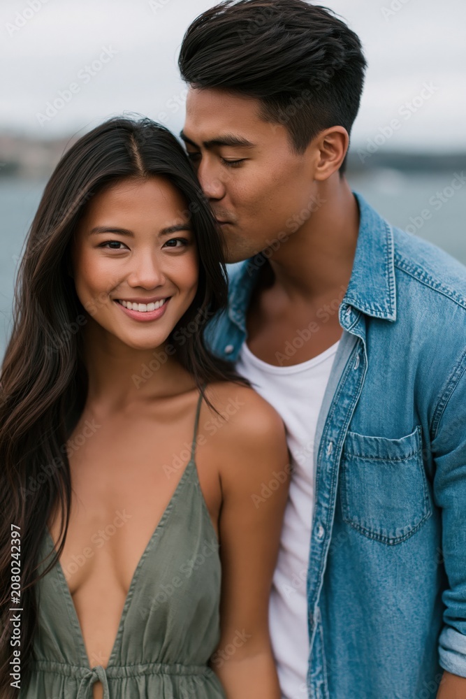 Fototapeta premium Intimate smiling couple portrait by the water for romantic banner and social media background