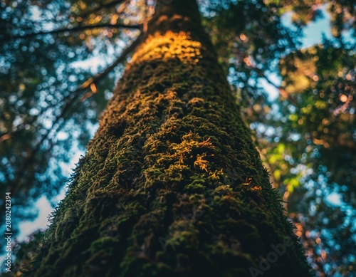 Low angle view of mossy tree trunk stretching to forest canopy