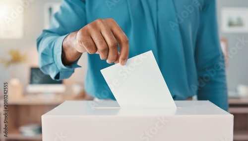 Closeup of a person casting a vote in a ballot box during an election