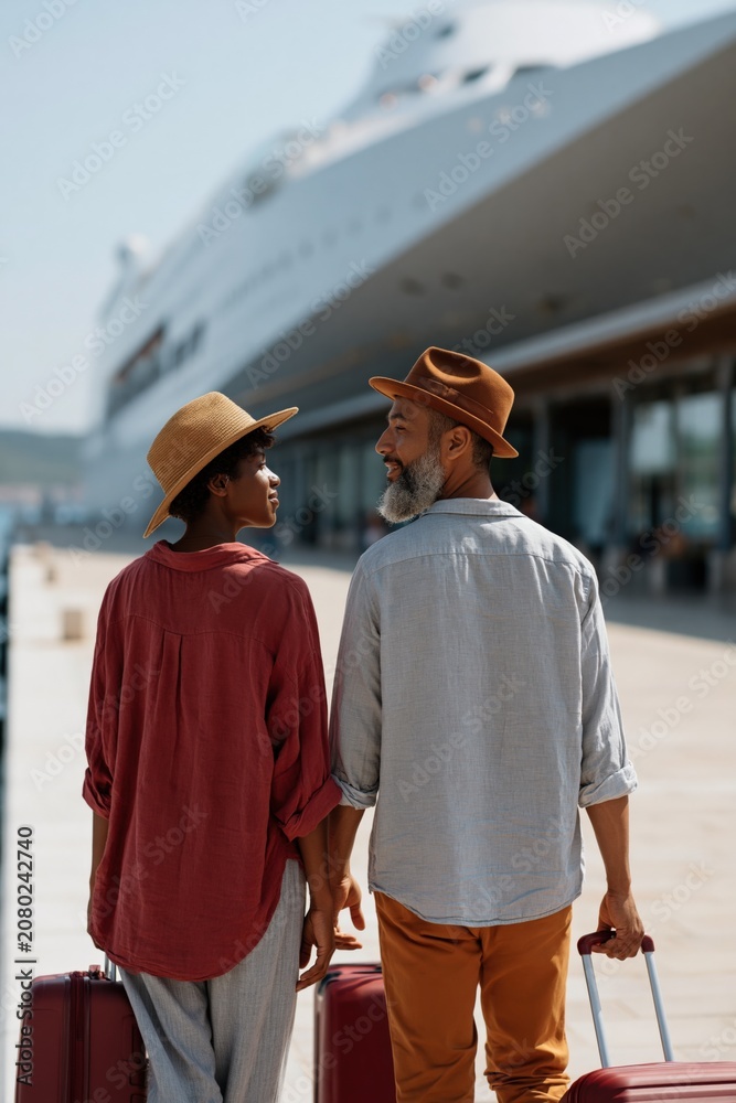 Fototapeta premium Diverse couple walking at cruise terminal with suitcases and large ship for travel poster and holiday banner design