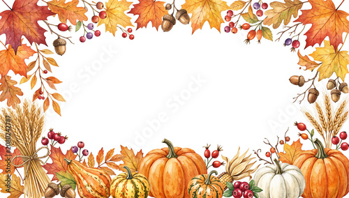 A vibrant autumn border frame with pumpkins, leaves, and berries on a white background.