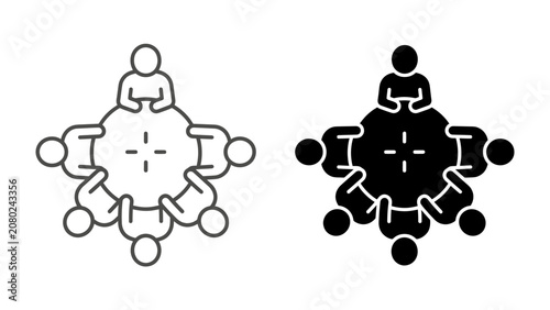 Obraz na plátně Meeting Round Table: A minimalist graphic depicting a meeting round table with several people seated, symbolizing discussion and collaboration