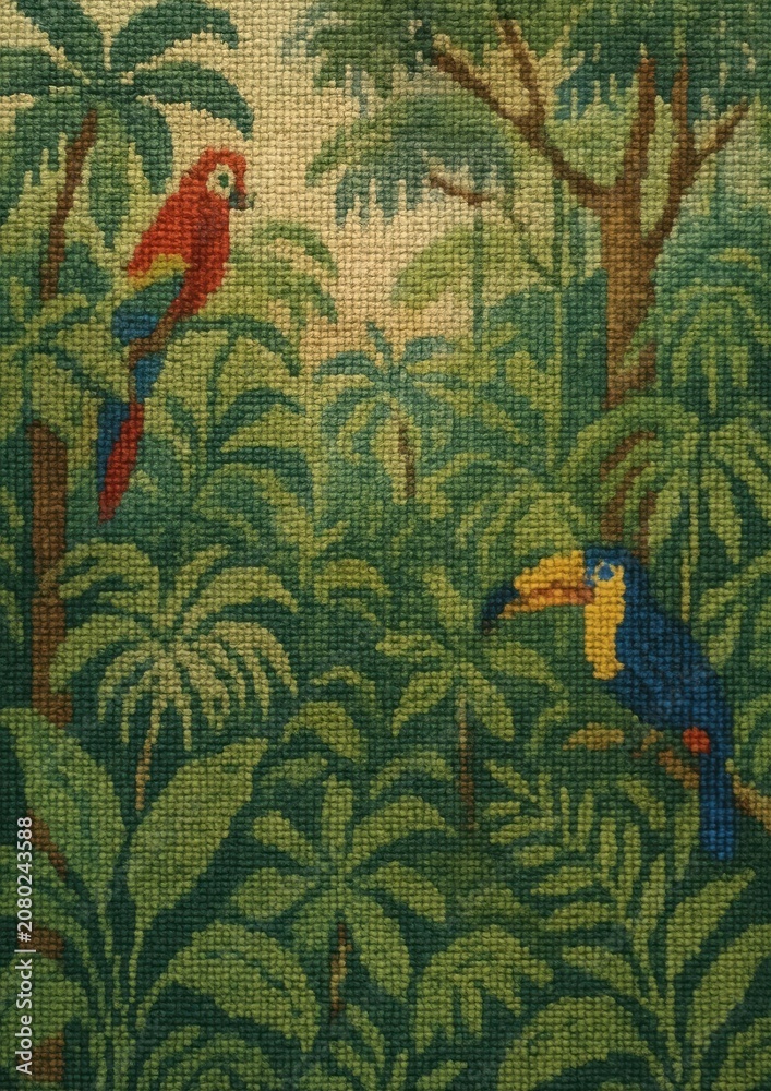 Naklejka premium Tropical birds jungle tapestry art