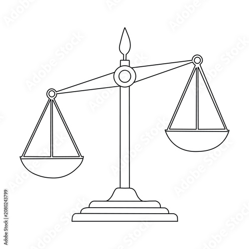 Legal justice scales icon vector line art drawing representing balanced judgment and fair law practice