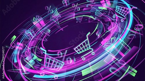 Dynamic vector illustration of black friday commerce with neon shopping carts in a data vortex
