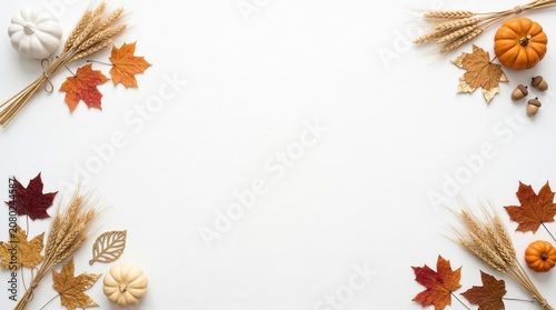 Autumn leaves and pumpkins arranged on a white background with wheat