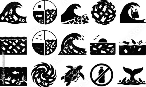 фотографія Ocean Plastic Pollution Wave Sea Waste Environmental Crisis Silhouettes Vector S