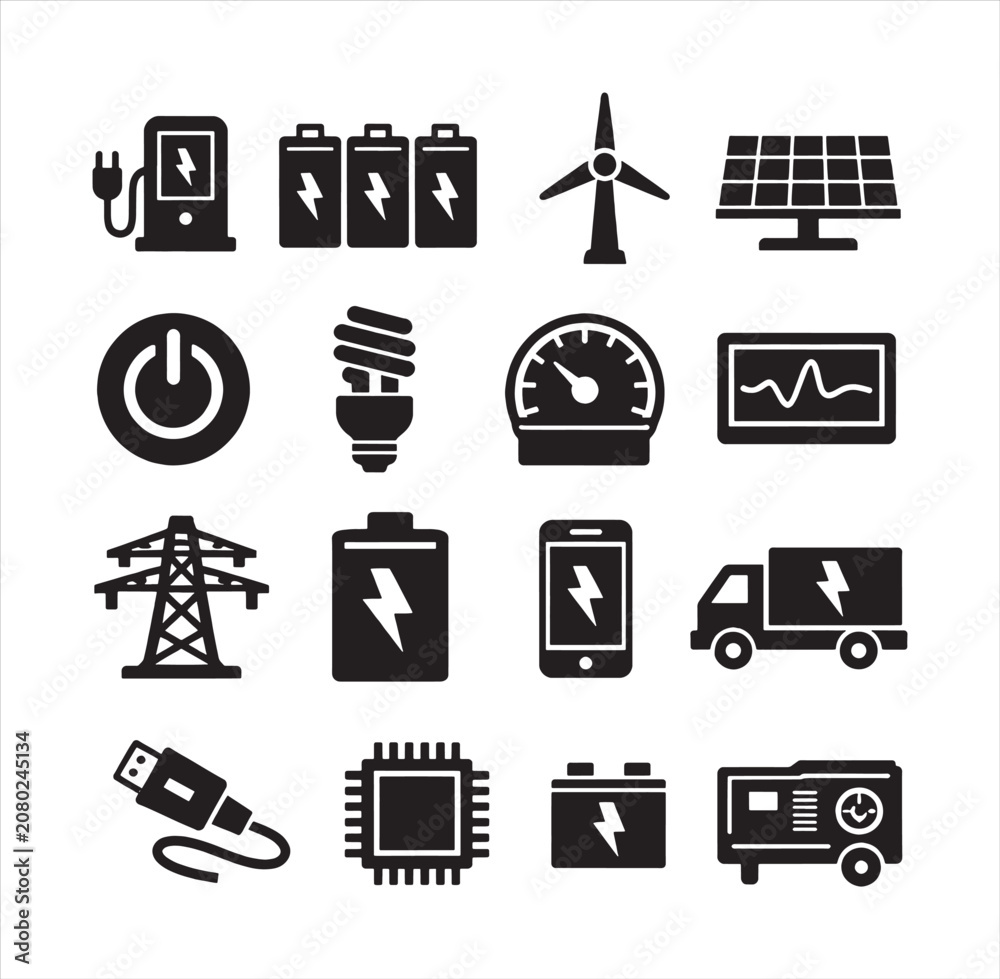 Fototapeta premium Energy power and electricity technology solid icons set for renewable resources and utility systems. Transparent vector icons