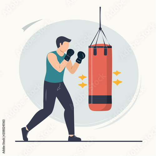 Dynamic Boxing Training Session for Fitness and Strength Development, Featuring a Male Athlete Hitting a Punching Bag