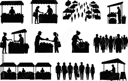 Farmers Market Outdoor Stall Vendor Customer Local Produce Silhouettes Vector Set Isolated