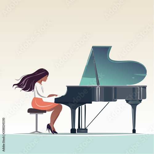 Graceful woman creating beautiful melodies on a polished grand piano, showcasing musical artistry and passion