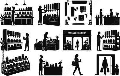 Zero Waste Package Free Shop Store Bulk Shopping Silhouettes Vector Set Isolated