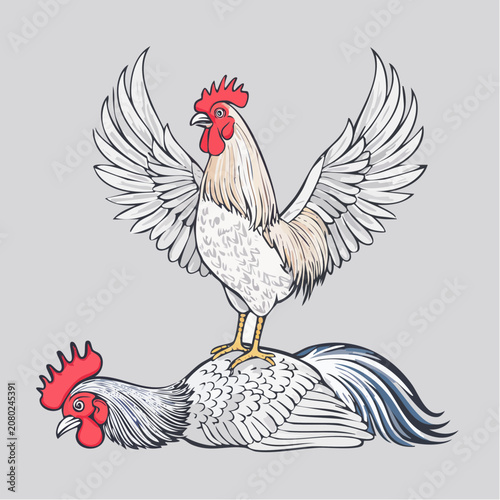 Victorious rooster proudly standing over a defeated rival, symbolizing triumph and ultimate success in fierce competition