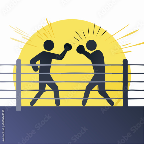 Dynamic illustration of two boxers engaged in a competitive fight within a ring, symbolizing strength and challenge
