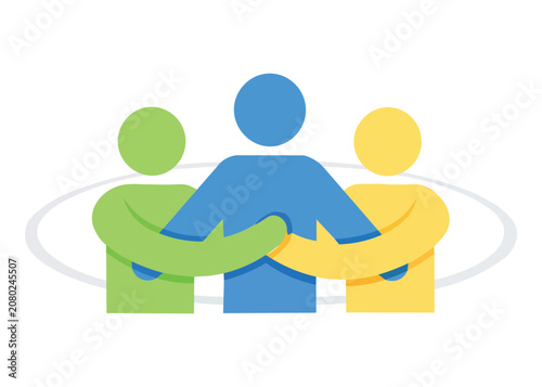 Three stylized human figures joining hands in circle representing unity cooperation teamwork connection