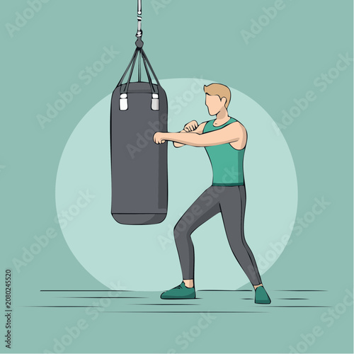 Man practicing boxing with a punching bag in a gym - illustration