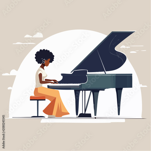 A talented young woman with headphones passionately playing a beautiful grand piano, creating soulful music