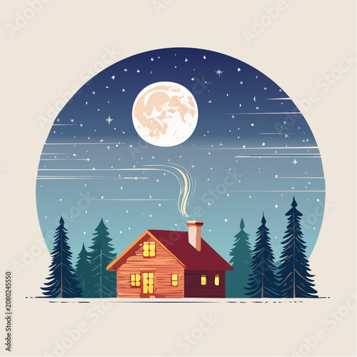 Cozy rustic cabin nestled in a snowy winter forest under a luminous full moon and starry night sky
