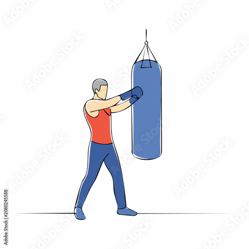 Continuous one-line drawing of a man training with a punching bag, illustrating fitness, determination, and combat sport workout