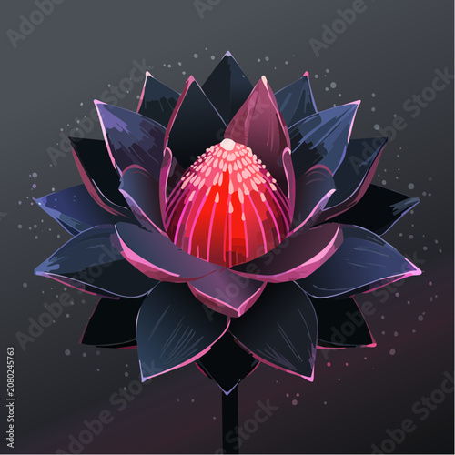 Striking dark lotus with a luminous pink core, an abstract botanical illustration of magical beauty