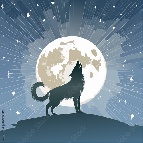 Majestic lone wolf howls at the luminous full moon, its silhouette stark against the starlit night sky, evoking wild nature