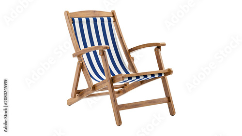 Wooden folding beach chair with blue striped fabric isolated on white background