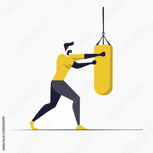 A determined athlete engaging in an intense boxing workout with a vibrant yellow punching bag, demonstrating dedication to fitness and strength training