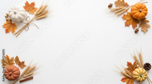 Autumnal arrangement of pumpkins and leaves on a white surface with dried plants.
