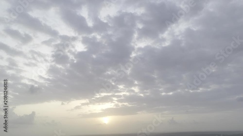 Aerial abstract view of clouds moving across the sky over Goa during the pre-monsoon season, with a dramatic sunset illuminating the cloudscape and atmospheric formations.