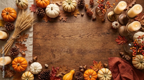 Autumnal scene with pumpkins, leaves, and acorns on a wooden table.