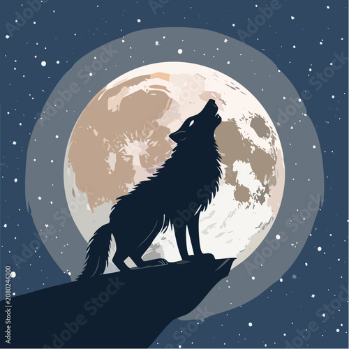 Majestic wolf silhouette howling at a radiant full moon under a star-filled night sky on a rocky peak