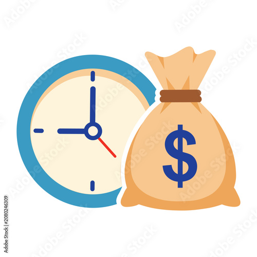 Clock face next to money bag representing time is money investment financial growth planning deadline