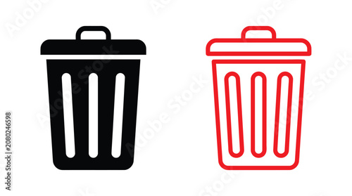 Trash Can Silhouettes In Black And Red Outline Style Silhouette