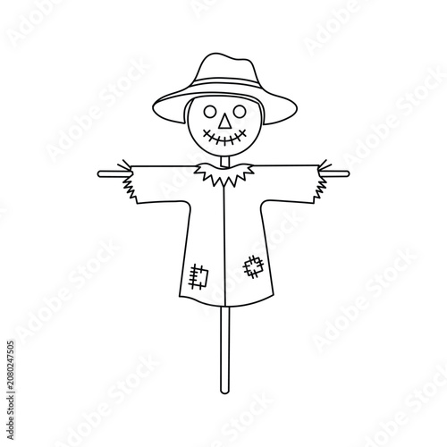 Scarecrow figure wearing hat illustration for harvest season agricultural farm field graphic design concept