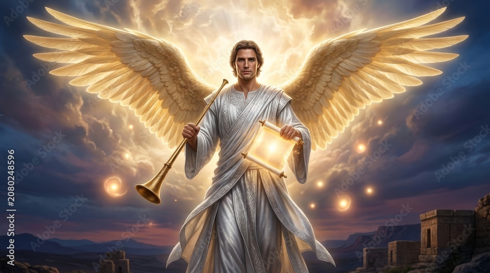 Obraz premium Archangel Gabriel Divine Messenger with Golden Wings Holding Trumpet and Glowing Scroll in Dramatic Sky