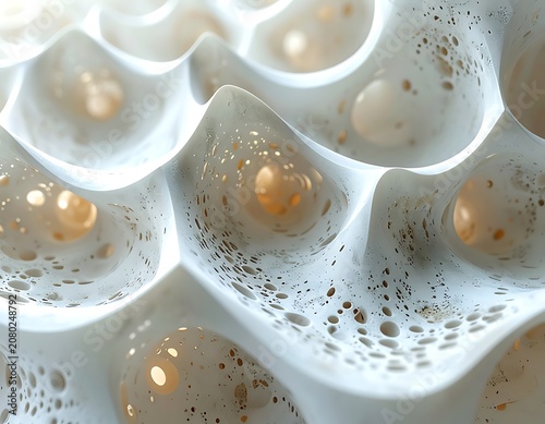 A microscopic view of white, organic, porous structures
