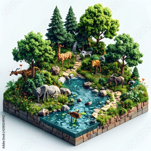 A miniature 3D forest ecosystem with animals and a stream