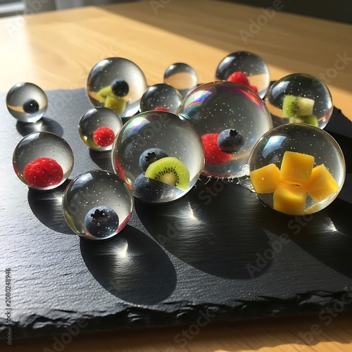 Chocolate cupcakes with colorful candy toppings on plate.