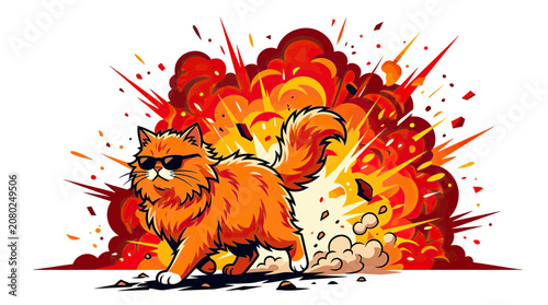 Canvas Print Cool Cat with Sunglasses Walks Away from Explosion, Cartoon Style