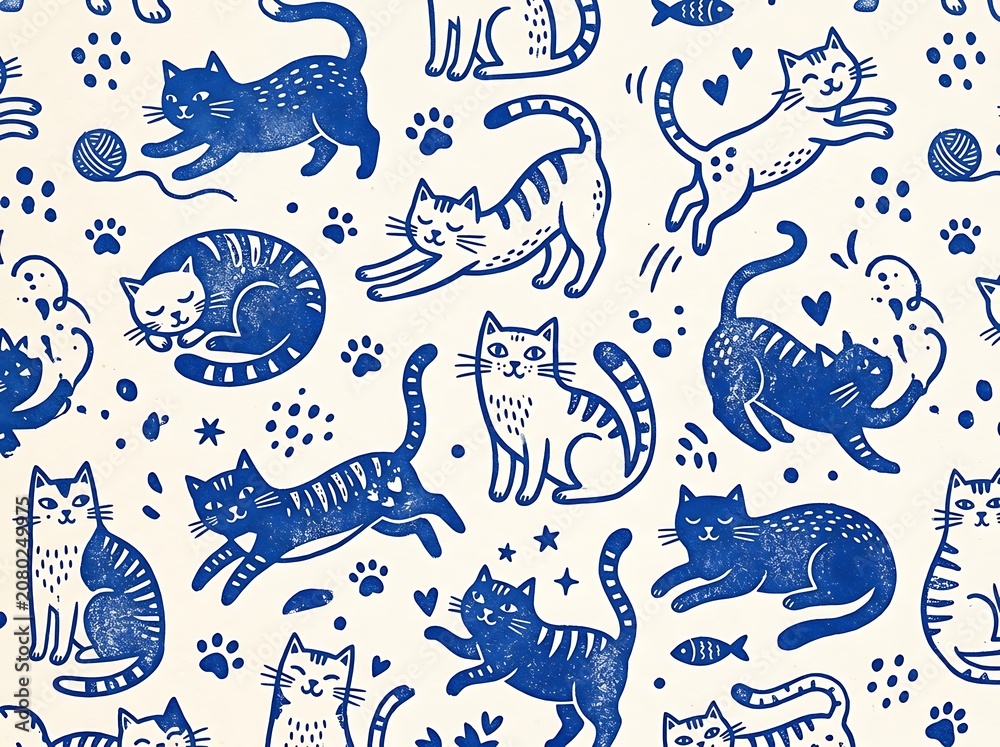 Fototapeta premium Seamless Pattern of Playful Blue Cats Featuring Whimsical Feline Illustrations and Cute Kittens for Textile Design and Decorative Wallpaper Backgrounds