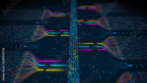 Abstract big data visualization and AI neural network concept with digital circuit lines illustration
