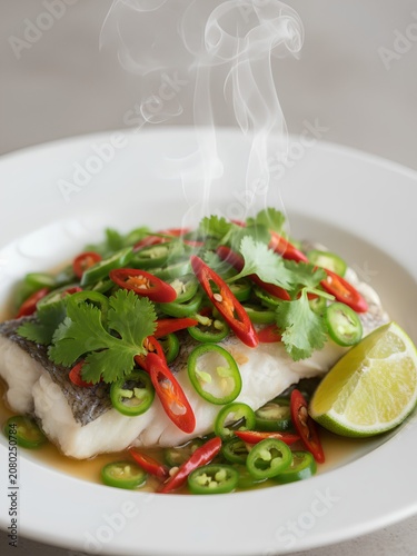 A steaming plate of fish topped with vibrant slices of red and green chili peppers, fresh coriander  leaves, and a juicy lime wedge rests on a white dish. 