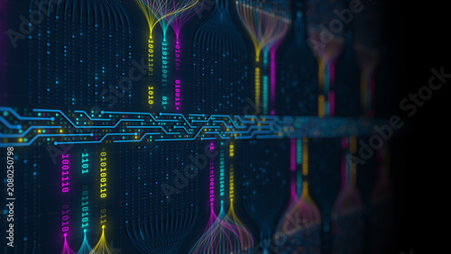 Abstract big data visualization and AI neural network concept with digital circuit lines illustration