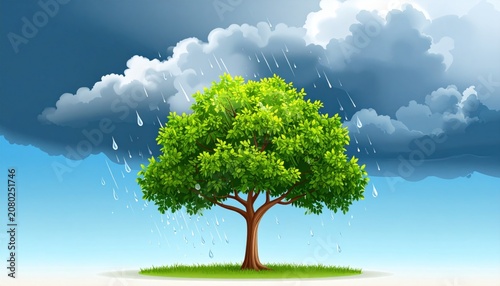 A vibrant, detailed illustration of a lush green tree being rained on against a cloudy sky