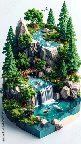 A miniature landscape with a waterfall and trees on a rocky terrain