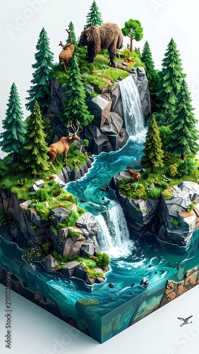 A miniature landscape with a waterfall, trees, and animals on a rocky terrain surrounded by water