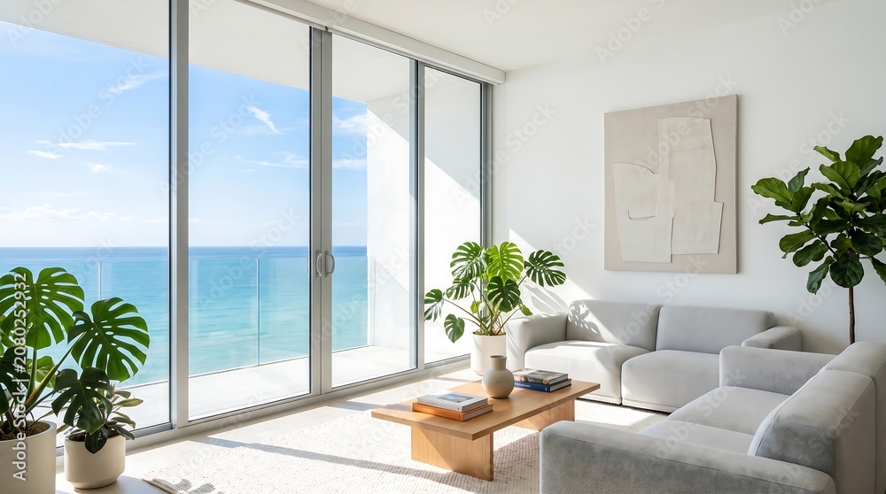 Fototapeta premium Modern Living Room With Ocean View Sliding Doors